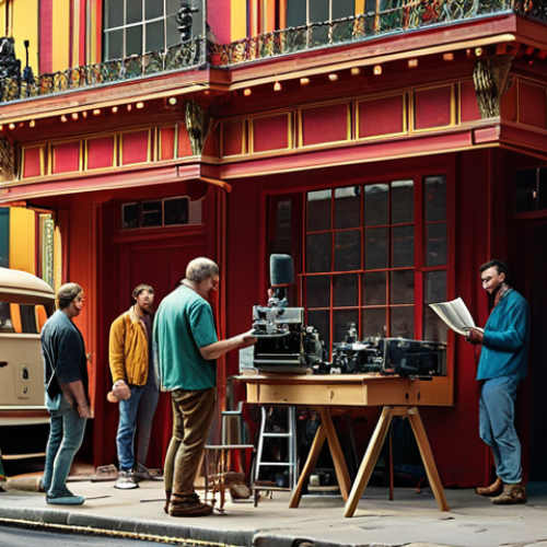 Home 18 **A vibrant scene depicting a film set with actors and crew, alongside a writer working on a novel adaptation, showcasing the creative collaboration between the film and publishing industries.**