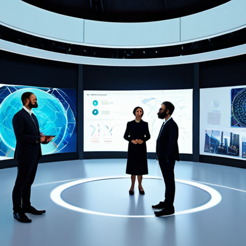 A diverse team of professionals from various cultural backgrounds, fully clothed in modest, contemporary business attire, collaboratively working on a large holographic display that projects vibrant cultural symbols and digital art. The setting is a bright, futuristic studio with sleek, modern architecture, symbolizing a global bridge of cultural exchange powered by AI and metaverse technologies. Soft, natural light illuminates the scene, highlighting their engaged expressions. safe for work, appropriate content, fully clothed, professional, perfect anatomy, correct proportions, natural pose, well-formed hands, proper finger count, natural body proportions, professional photography, high quality, ultra-realistic.