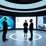 A diverse team of professionals from various cultural backgrounds, fully clothed in modest, contemporary business attire, collaboratively working on a large holographic display that projects vibrant cultural symbols and digital art. The setting is a bright, futuristic studio with sleek, modern architecture, symbolizing a global bridge of cultural exchange powered by AI and metaverse technologies. Soft, natural light illuminates the scene, highlighting their engaged expressions. safe for work, appropriate content, fully clothed, professional, perfect anatomy, correct proportions, natural pose, well-formed hands, proper finger count, natural body proportions, professional photography, high quality, ultra-realistic.