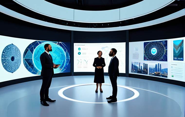A diverse team of professionals from various cultural backgrounds, fully clothed in modest, contemporary business attire, collaboratively working on a large holographic display that projects vibrant cultural symbols and digital art. The setting is a bright, futuristic studio with sleek, modern architecture, symbolizing a global bridge of cultural exchange powered by AI and metaverse technologies. Soft, natural light illuminates the scene, highlighting their engaged expressions. safe for work, appropriate content, fully clothed, professional, perfect anatomy, correct proportions, natural pose, well-formed hands, proper finger count, natural body proportions, professional photography, high quality, ultra-realistic.