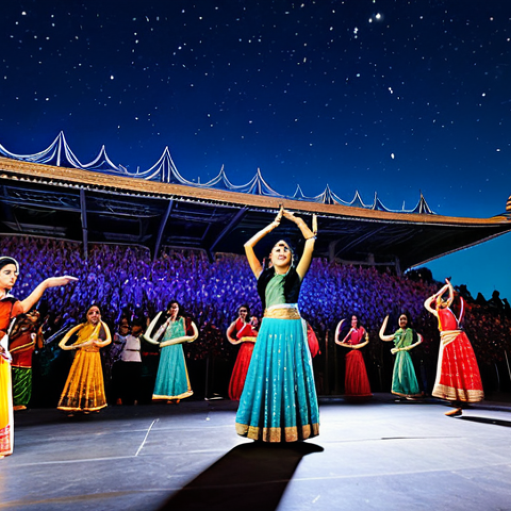 **

A diverse audience enjoys a vibrant music festival under a starlit sky, featuring a blend of classical Indian instruments, folk dances, and modern Bollywood performances on a grand stage, fully clothed, appropriate attire, safe for work, perfect anatomy, natural proportions, high quality, professional photography.

**