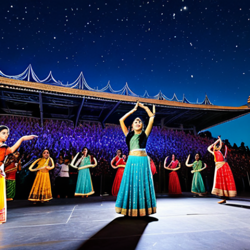 Home 16 **
A diverse audience enjoys a vibrant music festival under a starlit sky, featuring a blend of classical Indian instruments, folk dances, and modern Bollywood performances on a grand stage, fully clothed, appropriate attire, safe for work, perfect anatomy, natural proportions, high quality, professional photography.
**