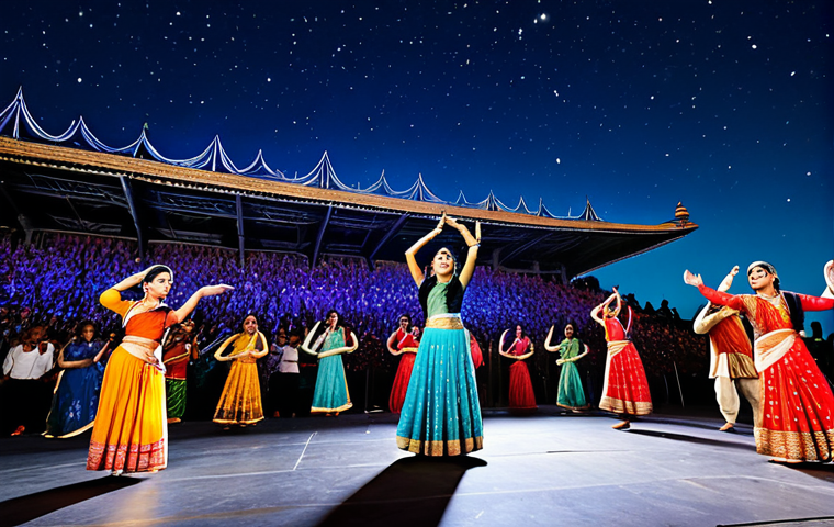 **
A diverse audience enjoys a vibrant music festival under a starlit sky, featuring a blend of classical Indian instruments, folk dances, and modern Bollywood performances on a grand stage, fully clothed, appropriate attire, safe for work, perfect anatomy, natural proportions, high quality, professional photography.
**