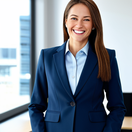 Home 7 **
"A professional businesswoman in a modest business suit, smiling confidently in a bright, modern office. Fully clothed, appropriate attire, safe for work. Perfect anatomy, natural pose, high-resolution, professional photography."
**