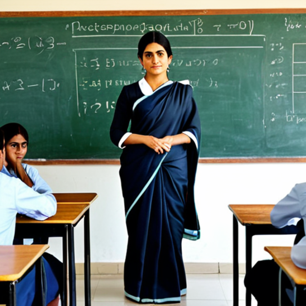 문화콘텐츠 기획 전문가가 추천하는 강의 - ** A professional female teacher in a modest sari, standing in front of a classroom filled with eage...