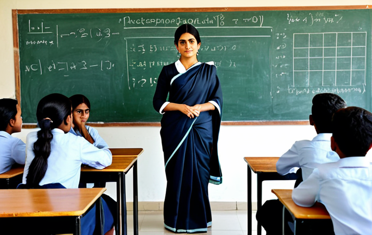 문화콘텐츠 기획 전문가가 추천하는 강의 - ** A professional female teacher in a modest sari, standing in front of a classroom filled with eage...