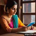 문화콘텐츠 기획 입문자를 위한 100일 플랜 - A creative Hindi-speaking adult woman sitting at a cozy wooden desk with a notebook and digital tabl...