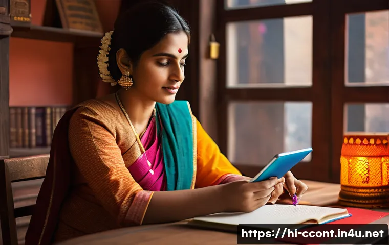 문화콘텐츠 기획 입문자를 위한 100일 플랜 - A creative Hindi-speaking adult woman sitting at a cozy wooden desk with a notebook and digital tabl...