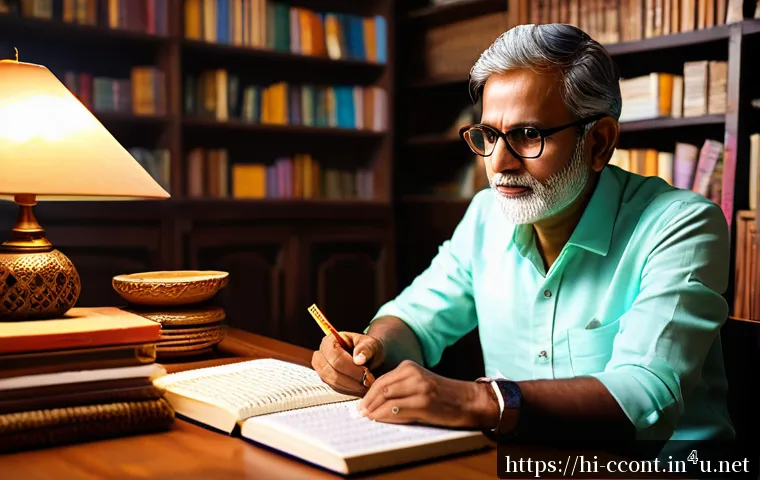 문화콘텐츠 기획 입문자가 가장 많이 하는 실수 - A thoughtful Indian content creator sitting at a wooden desk surrounded by books and cultural artifa...