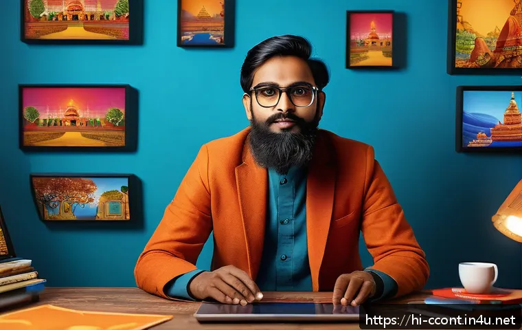 문화콘텐츠 기획 입문자를 위한 자격증 과정 - A vibrant digital studio scene showcasing a young Indian content creator surrounded by multiple scre...
