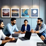 문화콘텐츠 기획사를 위한 리더십 개발 - A diverse creative team in a cultural content agency engaged in an open dialogue session inside a mo...