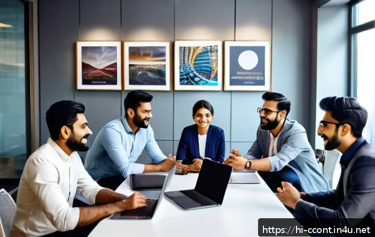 문화콘텐츠 기획사를 위한 리더십 개발 - A diverse creative team in a cultural content agency engaged in an open dialogue session inside a mo...